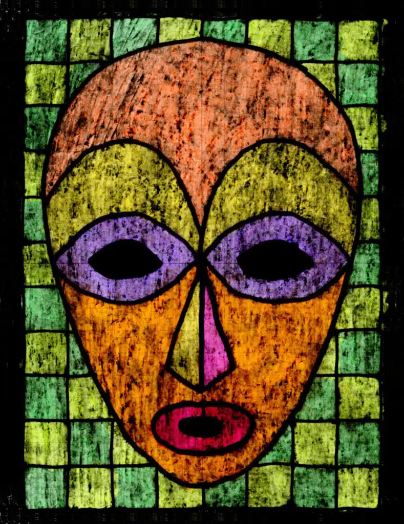 A Lois Mailou Jones Mask art project, made with the help of a step by step tutorial.